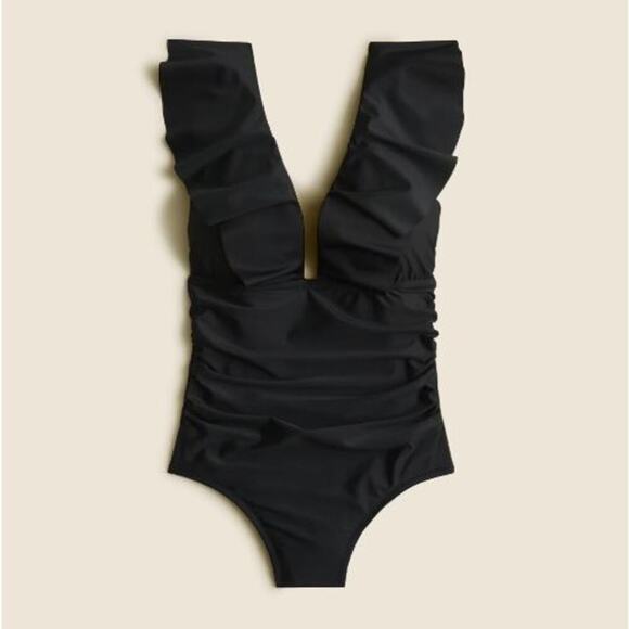 J. Crew Women's Ruched V-Neck Ruffle One-Piece Swimsuit BP222 Black Size 2 NWT - Picture 3 of 4